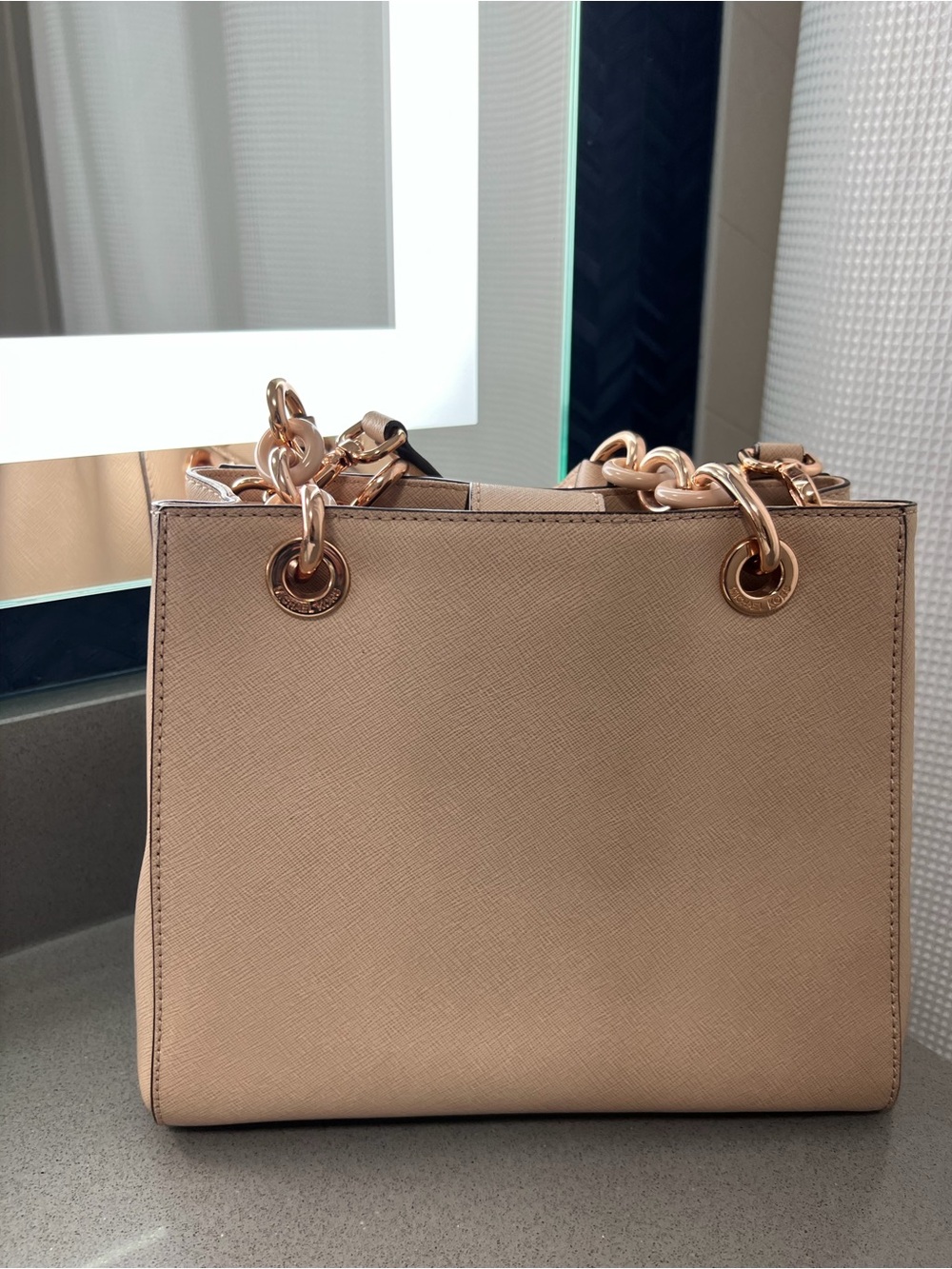 Michael Kors Beige Saffiano Satchel with Rose Gold Chain Detail - Picture 2 of 5